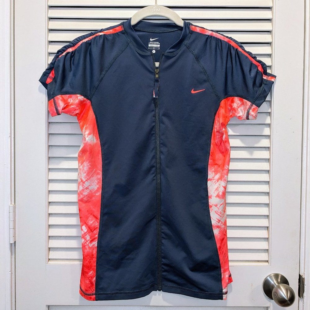 Nike Zipper Jacket Size Ruched Shoulders Blue Pink Womens LG Activewear Athletic